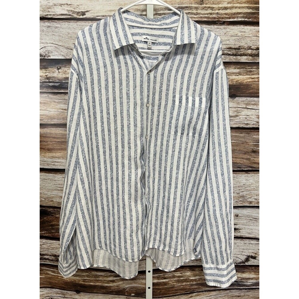 Peter Millar Shirt X-Large Blue Linen Long Sleeve Button Up Resort Breathable XL